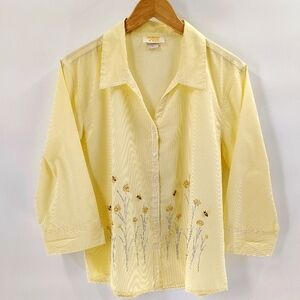 Tia Designs Yellow And White Button Up Blouse Size XL Beads And Butterflies
